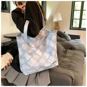 Korean style blue white checkered canvas tote bag, large capacity shoulder bag for daily use.