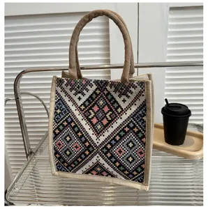 Ethnic style canvas tote bag, large capacity fashion handbag for women, casual autumn shoulder bag.