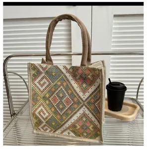Ethnic style canvas tote bag with exquisite geometric woven pattern, large capacity daily use.