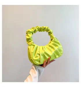 Neon green ruched shoulder bag detail, stylish hobo cloud bag for women fashion daily wear.