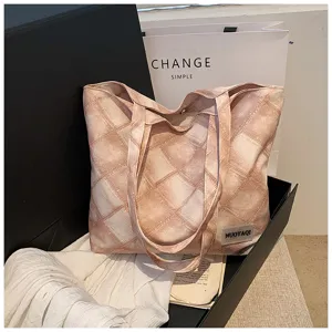 Large capacity canvas tote bag for women, vintage washed grid pattern single shoulder bag.