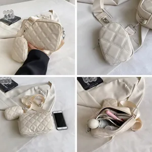 Quilted crossbody bag with strap coin pouch chic PU leather shoulder bag for women beige