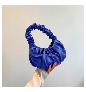 Blue ruched shoulder bag for women, stylish cloud hobo dumpling bag with soft handle.