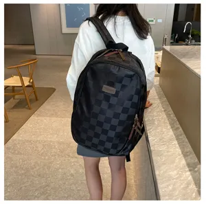 Classic checkered travel backpack for men and women, stylish college student casual daypack.