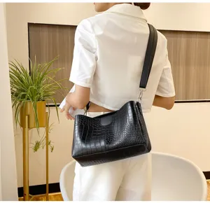 Black crocodile pattern shoulder bag detail, stylish women's crossbody tote for daily commute.