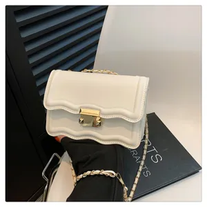 Fashionable white chain wave small square bag women shoulder messenger crossbody bag chic style