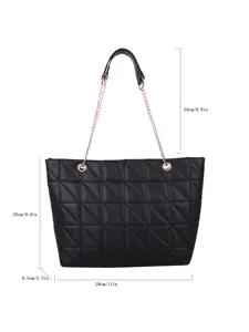Black quilted shoulder bag for women, large capacity tote with metal chain straps.