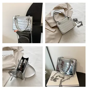 Silver metallic crocodile pattern chain handbag detail, stylish sweet-cool shoulder crossbody bag.