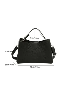 Schwarze Damen Handtasche mit Krokodilmuster, Retro Schultertasche Umhängetasche Detail.