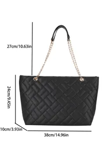 Black quilted tote bag with chain strap, stylish PU leather shoulder bag for women daily use.