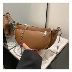 Women retro brown saddle bag underarm bag with silver chain stylish shoulder crossbody bag