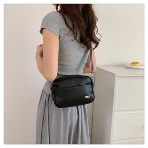 Women minimalist black PU leather crossbody bag with wide strap casual daily shoulder handbag.