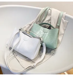 Crocodile pattern women handbag shoulder bag tote bag set, elegant white and mint green fashion design.