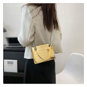 Metallic gold crocodile pattern chain shoulder bag, stylish evening party crossbody bag.