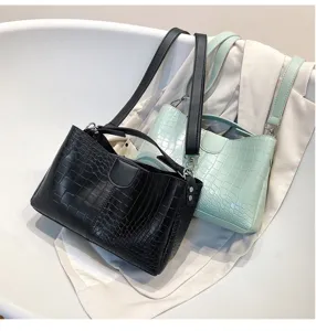 Crocodile pattern shoulder handbag detail view, stylish women's tote messenger bag set.