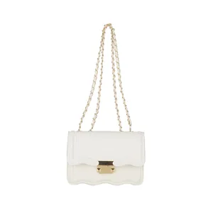 White chic wavy flap crossbody bag with gold chain strap and elegant metallic clasp design.