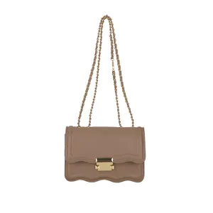 Brown wave flap chain crossbody bag detail shot, stylish minimalist shoulder bag for women.