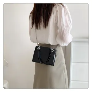 Black crocodile pattern chain shoulder bag, stylish casual crossbody small square bag for women.