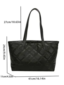 Detail view of black quilted tote bag showing clear dimensions and fine stitching details.