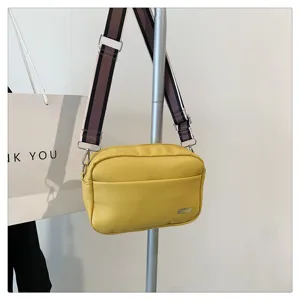 Yellow PU leather crossbody bag with wide striped strap, casual style women small square bag.