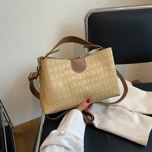 Stylish women khaki crocodile pattern tote handbag casual shoulder messenger bag fashion