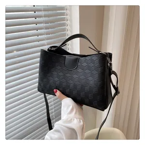 Black geometric texture PU leather handbag casual women shoulder crossbody bag daily use