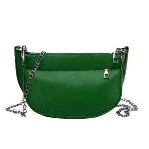 Green PU leather saddle bag, stylish crescent shoulder bag with metal chain strap and front pouch.