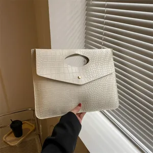 Borsa pochette stampa coccodrillo bianca, borsa a mano in ecopelle retro minimalista.
