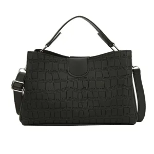 Black crocodile pattern top handle shoulder bag for women with adjustable strap main view.