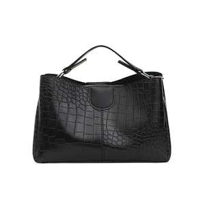 Black crocodile pattern tote handbag for women, stylish leather shoulder bag for daily use.