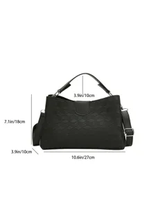 Black PU leather top handle crossbody bag with geometric quilted pattern and size specs.