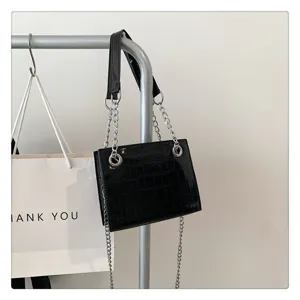 Black patent croc pattern small shoulder bag with silver chains trendy chic crossbody bag