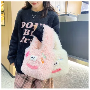 Cute fluffy plush tote bag for women, ugly-cute cartoon monster design, soft shoulder handbag.