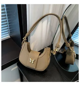 Women shoulder underarm bag trendy solid color taupe purse with cute gold butterfly accent