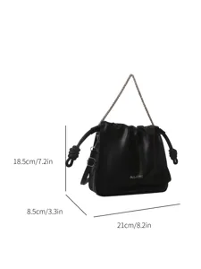 Borsa a secchiello nera arricciata con catena, borsa a tracolla stile coreano per donna.