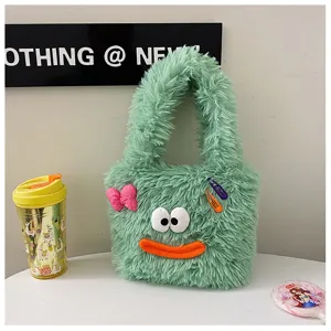 Cute fuzzy plush handbag for women, funny monster face tote bag, green fluffy shoulder bag.