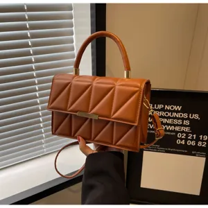 Stylish quilted top handle shoulder bag for women, elegant brown PU leather cross body purse.