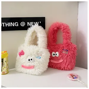 Cute fuzzy plush tote bag with funny eyes and lips, soft shaggy shoulder bag details.