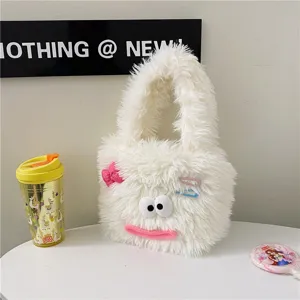 Cute fluffy plush handbag for women, funny monster design, soft winter shoulder tote bag.