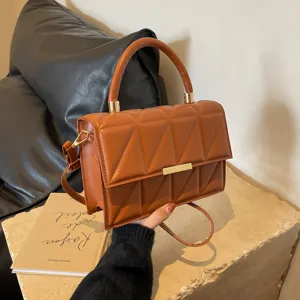 Brown quilted small square handbag, stylish women's elegant shoulder bag and chic crossbody bag.