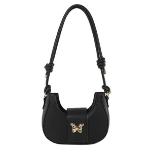 Black crescent shoulder bag for women, stylish underarm purse with elegant gold butterfly decor.