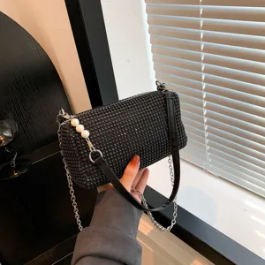 Women Rhinestone Shoulder Bag Luxury Crystal Evening Clutch Purse With Chic Pearl Chain Fashion Underarm Bag