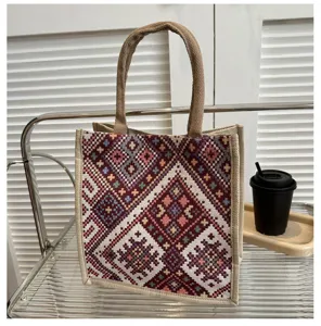 Ethnic geometric pattern canvas tote bag detail view, large capacity casual handbag.