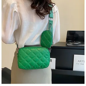Green quilted crossbody bag for women, stylish PU leather shoulder bag with small pouch.