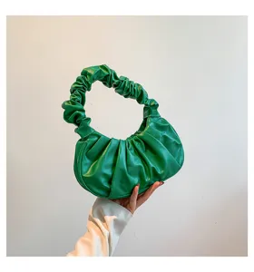 Green ruched shoulder bag for women, stylish pleated dumpling handbag and cloud underarm purse.