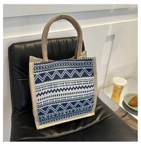 Ethnic style canvas tote bag with blue geometric pattern, large capacity handbag for women.