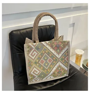 Ethnic style canvas tote bag, large capacity woven shoulder bag for women daily use.