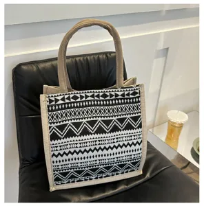 Ethnic style geometric pattern jute tote bag with top handles, large capacity casual handbag.