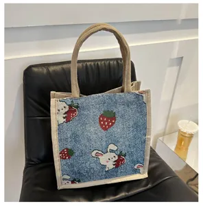 Cute rabbit strawberry woven canvas tote bag, large capacity casual shoulder handbag for women.