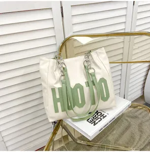 Women large capacity tote bag with green letters and chain shoulder strap for daily use